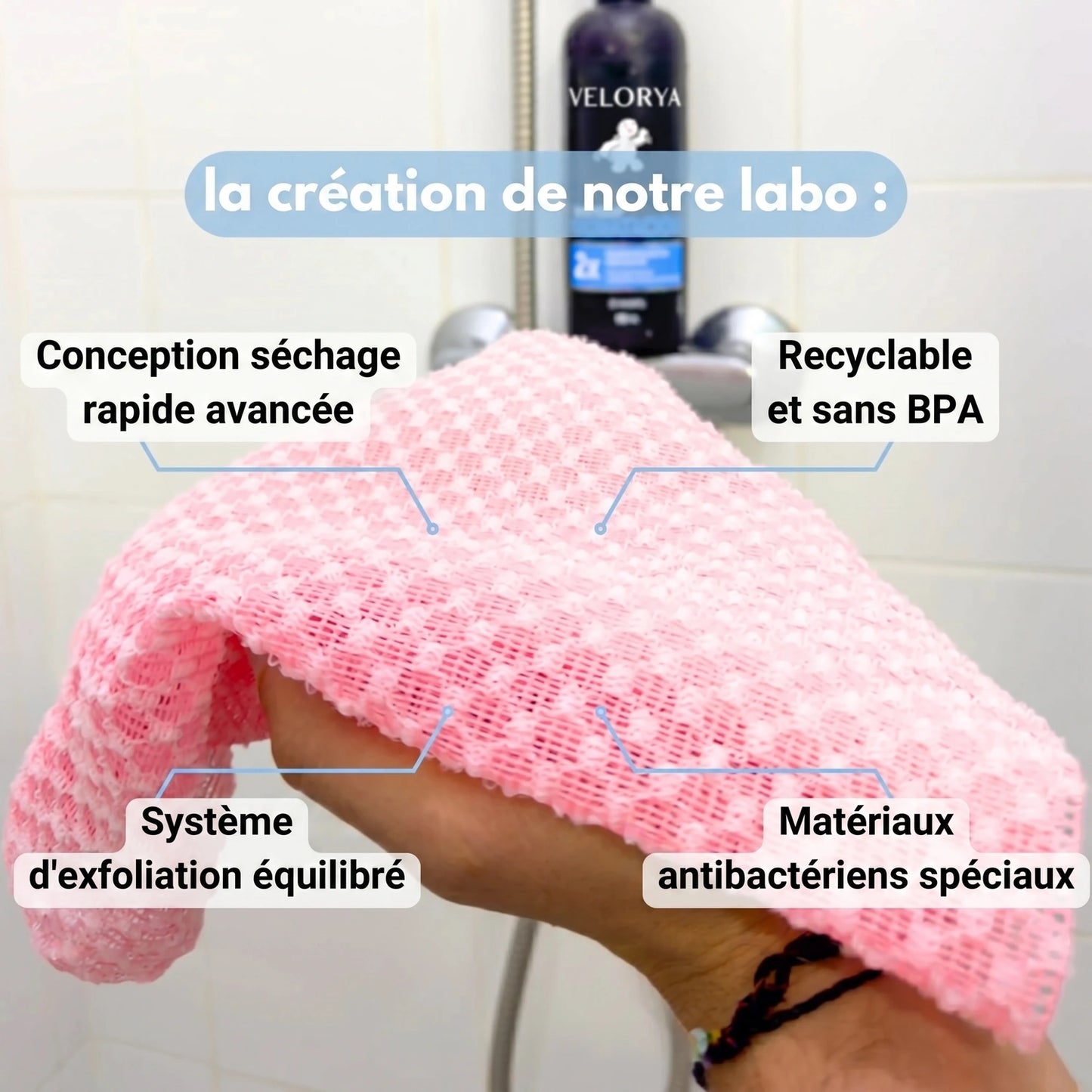 SERVIETTE DE DOUCHE EXFOLIANTE ANTIBACTÉRIENNE VELORYA