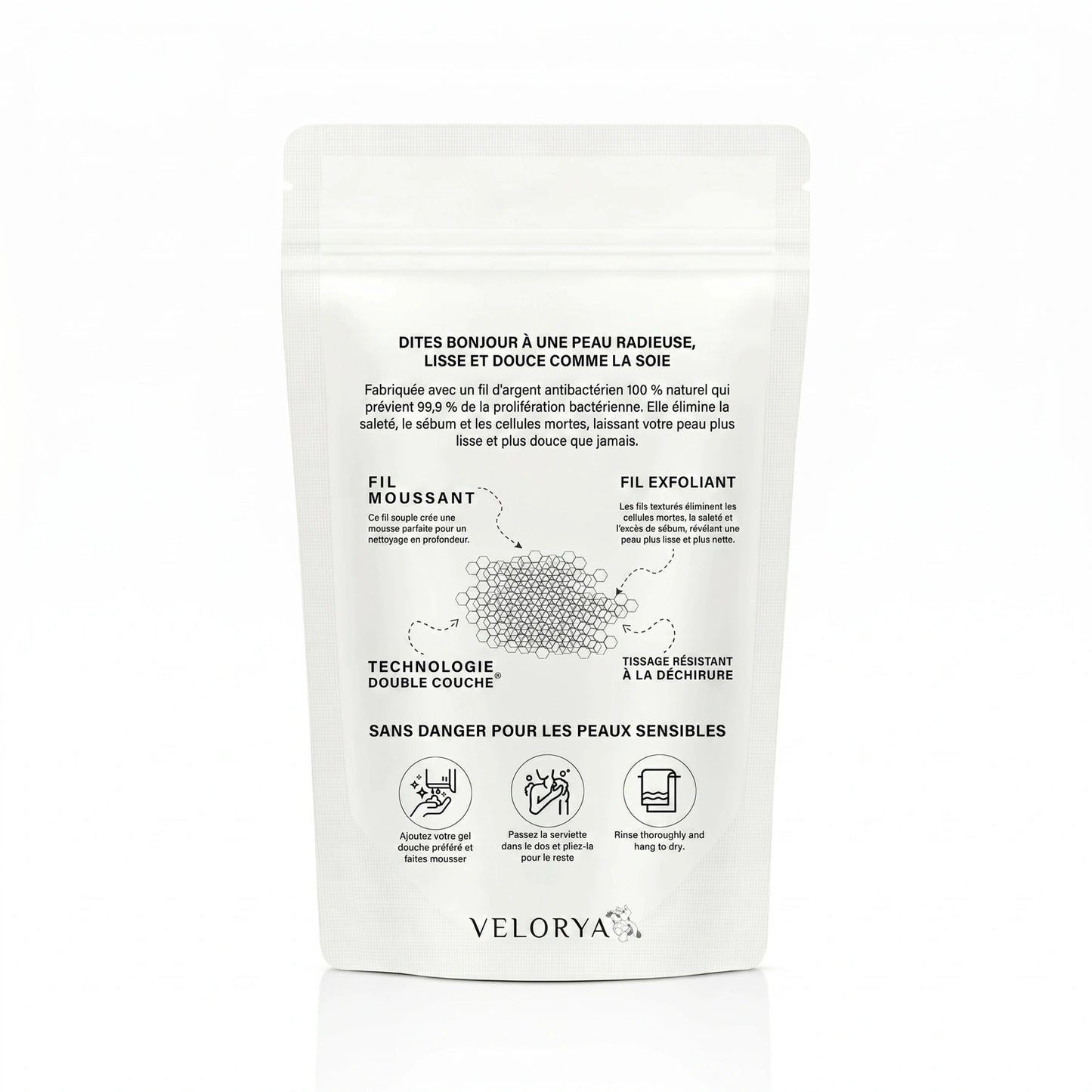 SERVIETTE DE DOUCHE EXFOLIANTE ANTIBACTÉRIENNE VELORYA